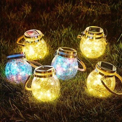 Crackle LED luzes solares pátio vidro pendurado luzes desejo de Natal Mason Jar luzes